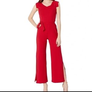 Bebe red asymmetrical cow neck jumpsuit wide leg size 4